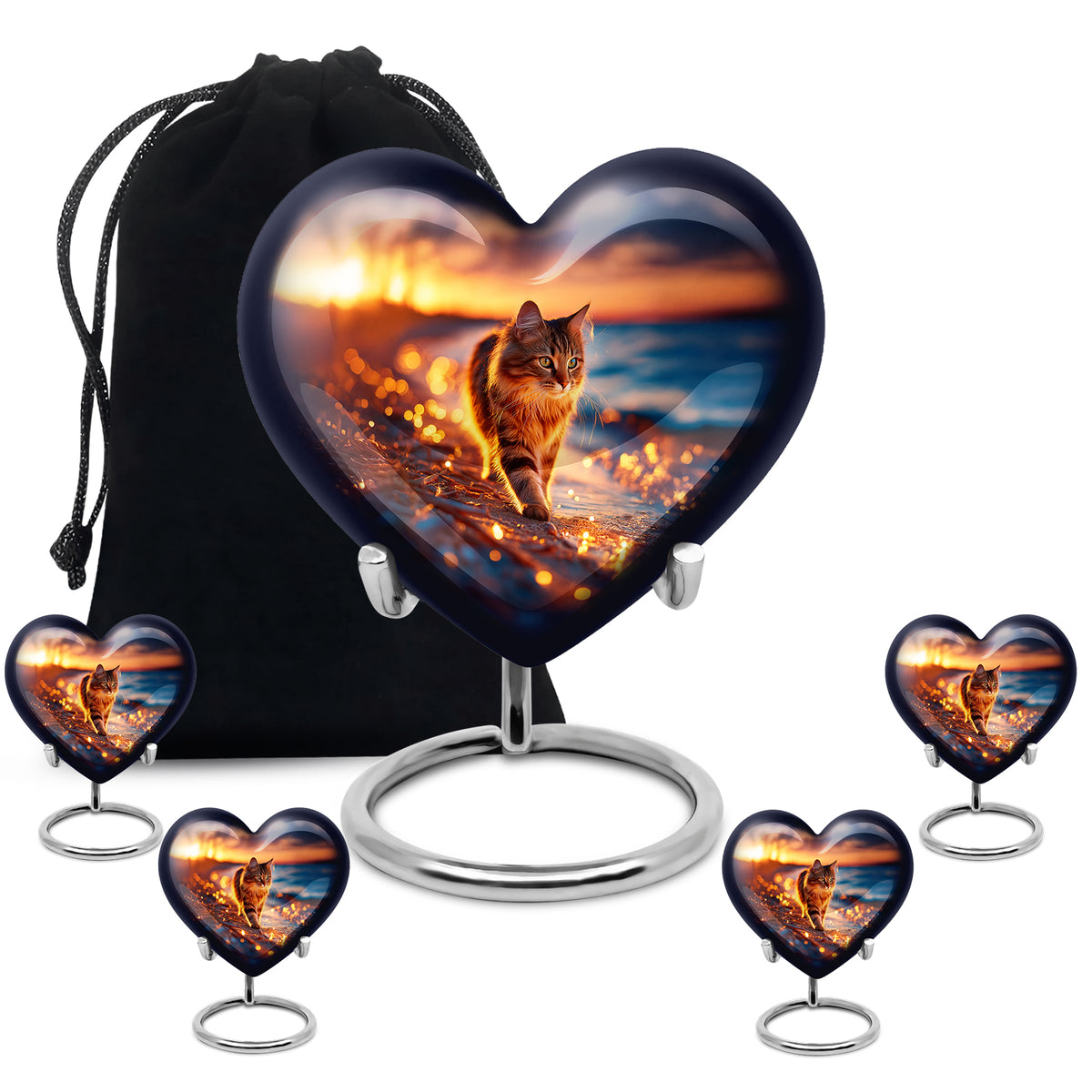 Deep Red Cat Cremation Urn close-up of engraving and surface detail - loving heart memorial featuring cat pattern - memorial set with one large and four small urns