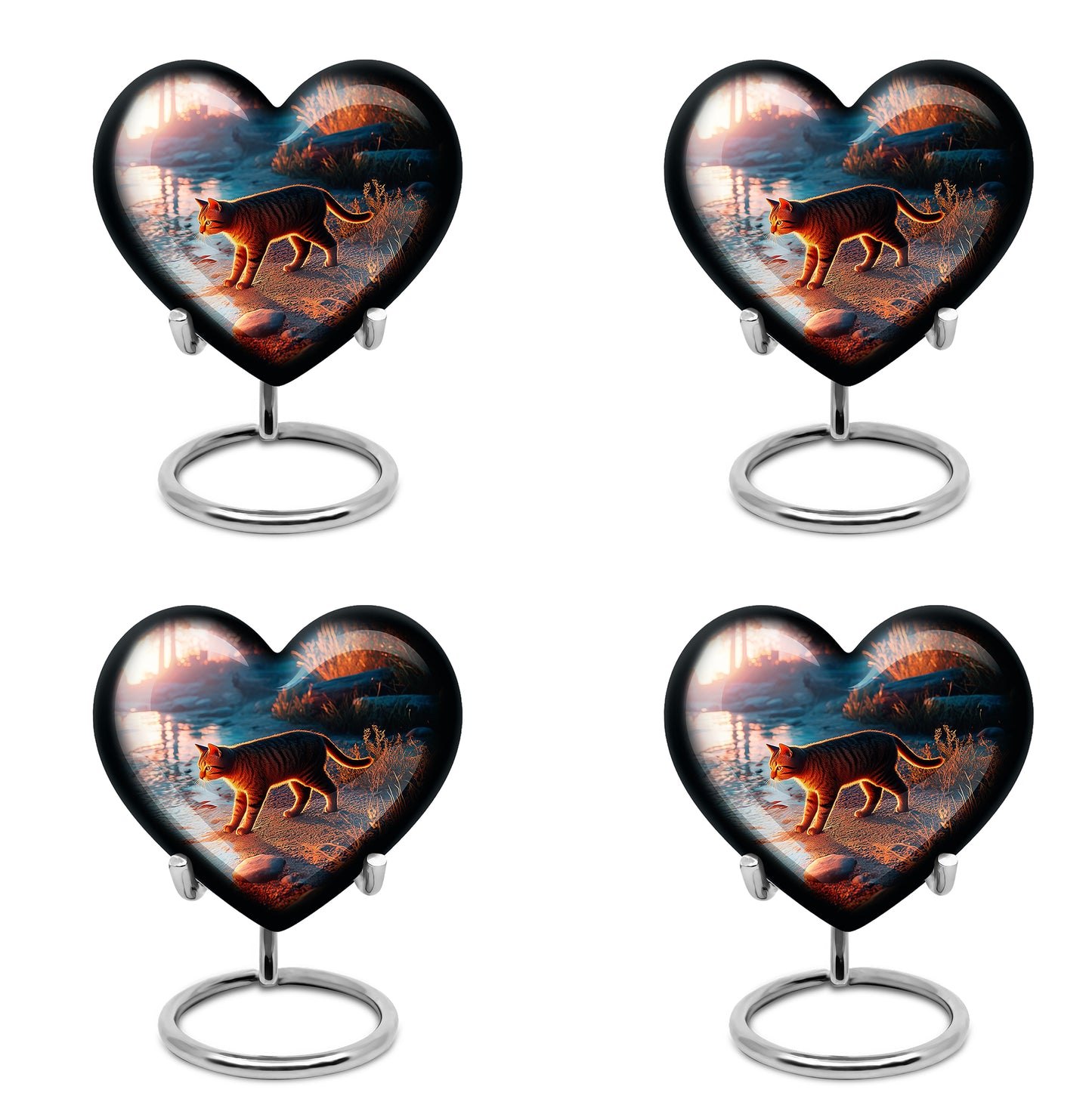 Navy Blue Cat Cremation Urn angled view of lid and engraved motif - heart-shaped cat design symbolizing eternal love - 10 inch aluminum urn for cremated remains