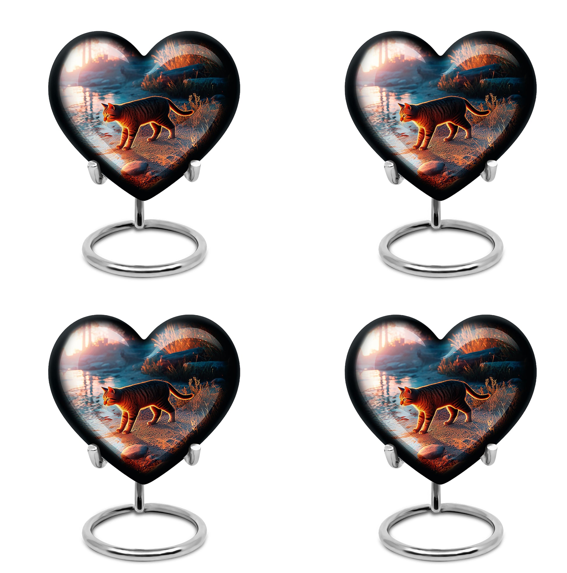 Navy Blue Cat Cremation Urn angled view of lid and engraved motif - heart-shaped cat design symbolizing eternal love - 10 inch aluminum urn for cremated remains