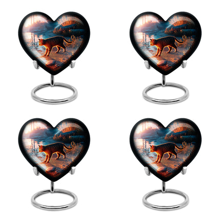 Navy Blue Cat Cremation Urn angled view of lid and engraved motif - heart-shaped cat design symbolizing eternal love - 10 inch aluminum urn for cremated remains