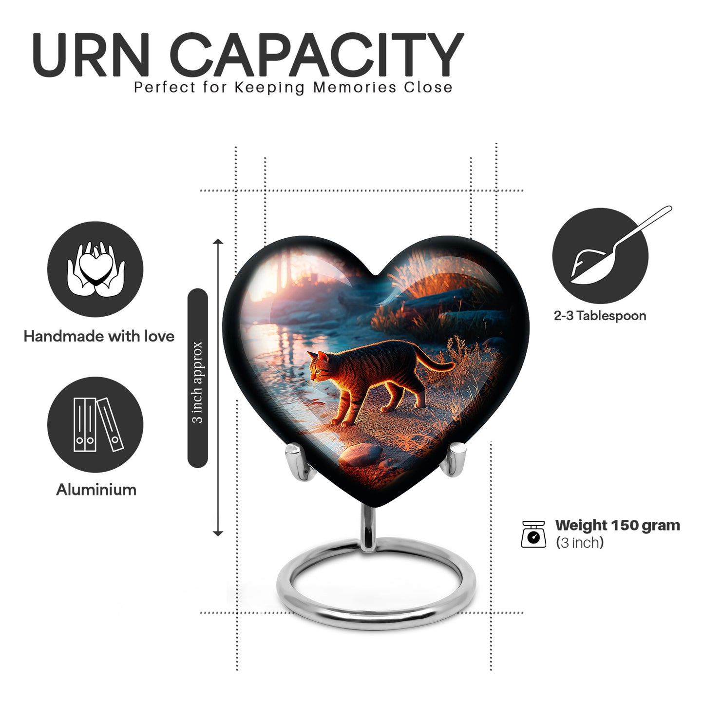 Twilight Blue Cat Cremation Urn front view showing detailed design - romantic heart urn with cat motif on aluminum - mini keepsake memorial for portion of cremation ashes