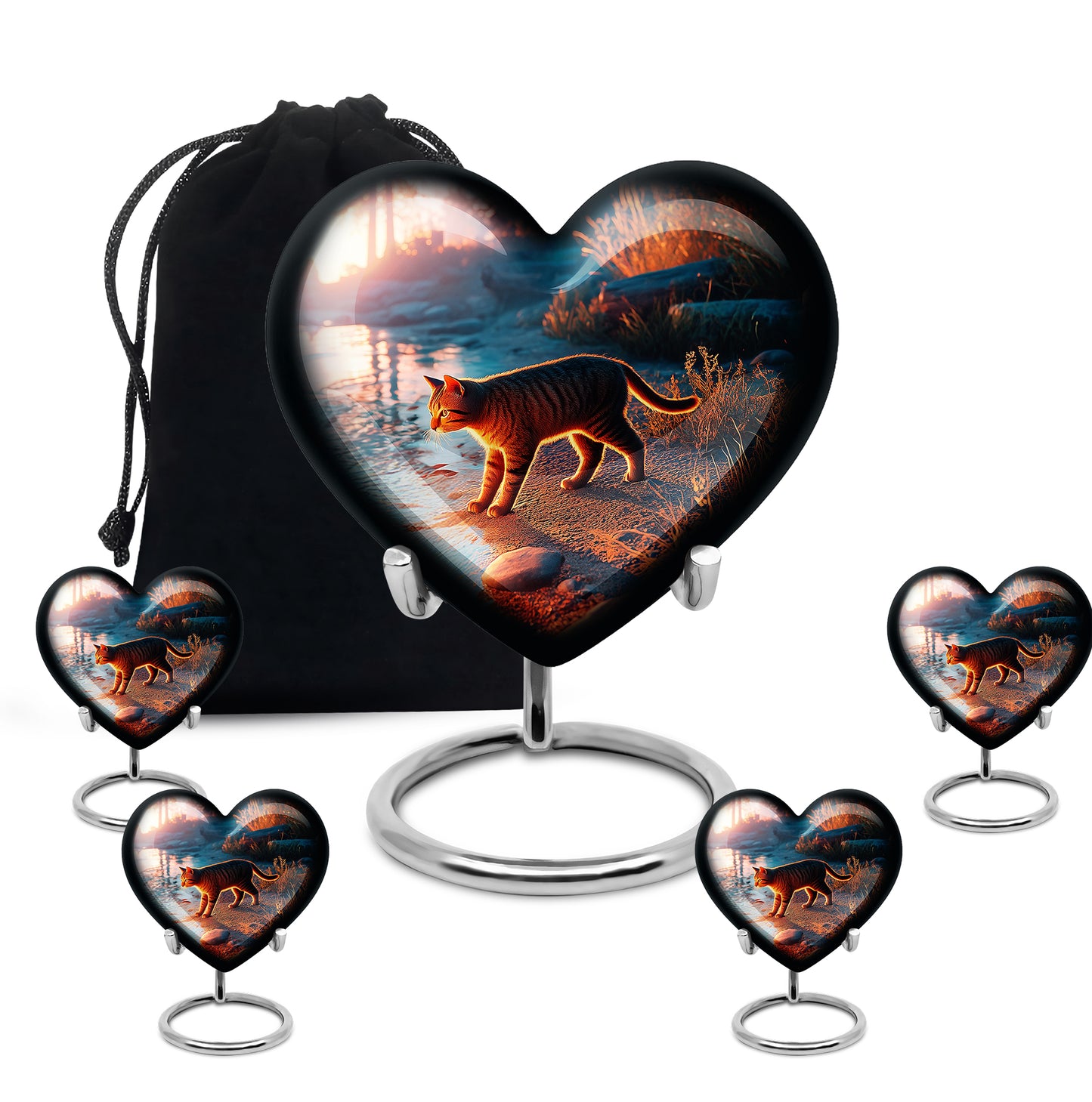 Celestial Blue Cat Cremation Urn close-up of engraving and surface detail - heart-shaped cat design symbolizing eternal love - memorial set with one large and four small urns