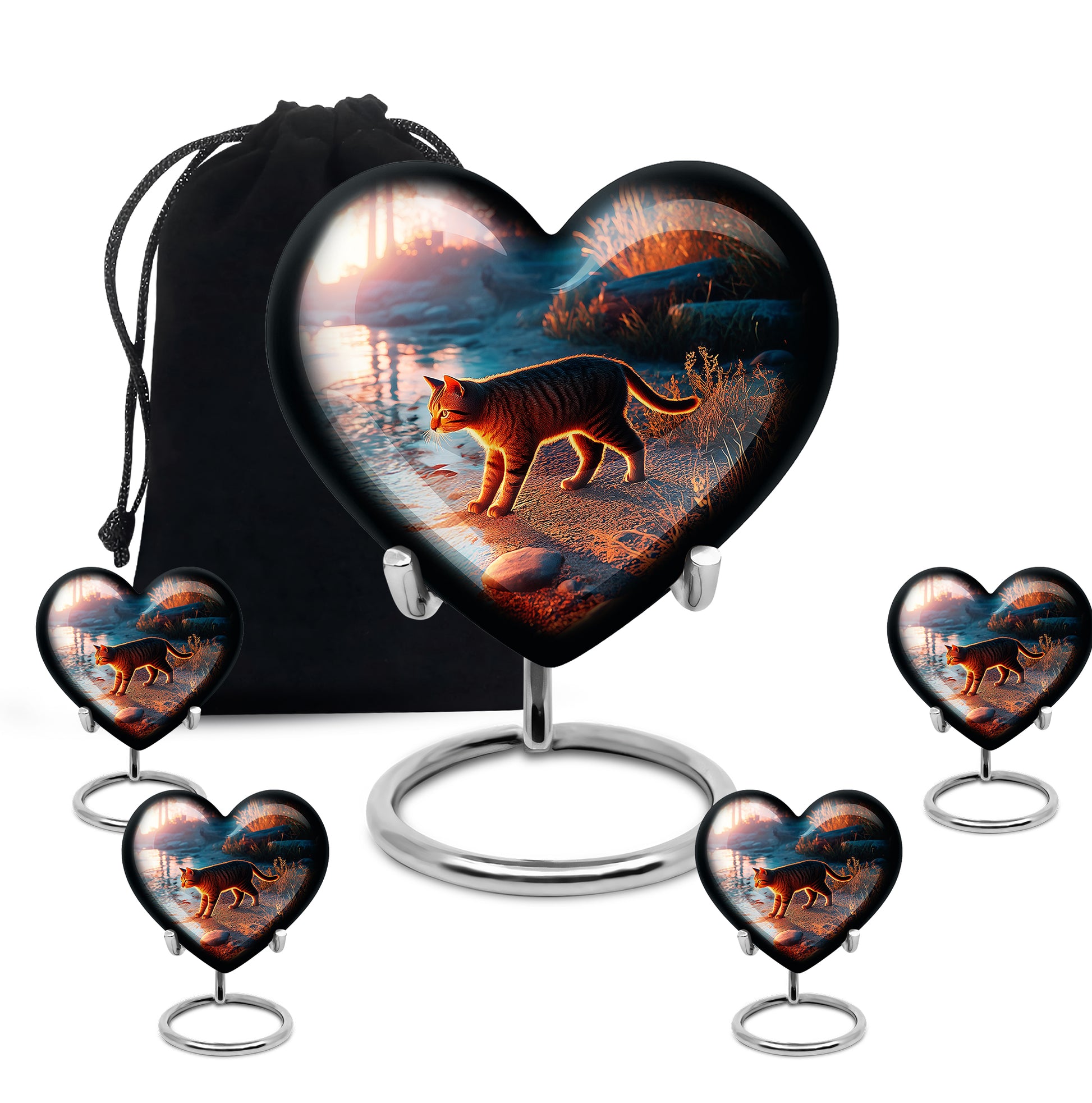 Celestial Blue Cat Cremation Urn close-up of engraving and surface detail - heart-shaped cat design symbolizing eternal love - memorial set with one large and four small urns
