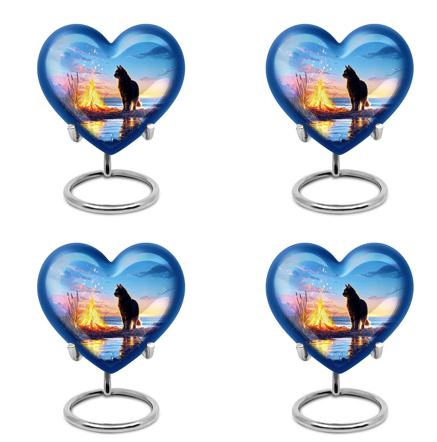 Cobalt Blue Cat Cremation Urn angled view of lid and engraved motif - compassionate heart-cat combination with gentle curves - 10 inch aluminum urn for cremated remains