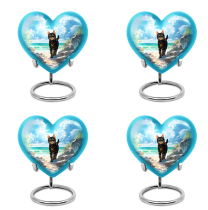 Cool Teal Cat Cremation Urn angled view of lid and engraved motif - loving heart memorial featuring cat pattern - 10 inch aluminum urn for cremated remains