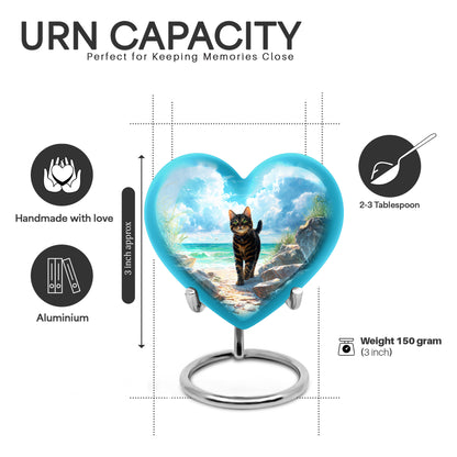 Soft Teal Cat Cremation Urn front view showing detailed design - loving heart memorial featuring cat pattern - mini keepsake memorial for portion of cremation ashes