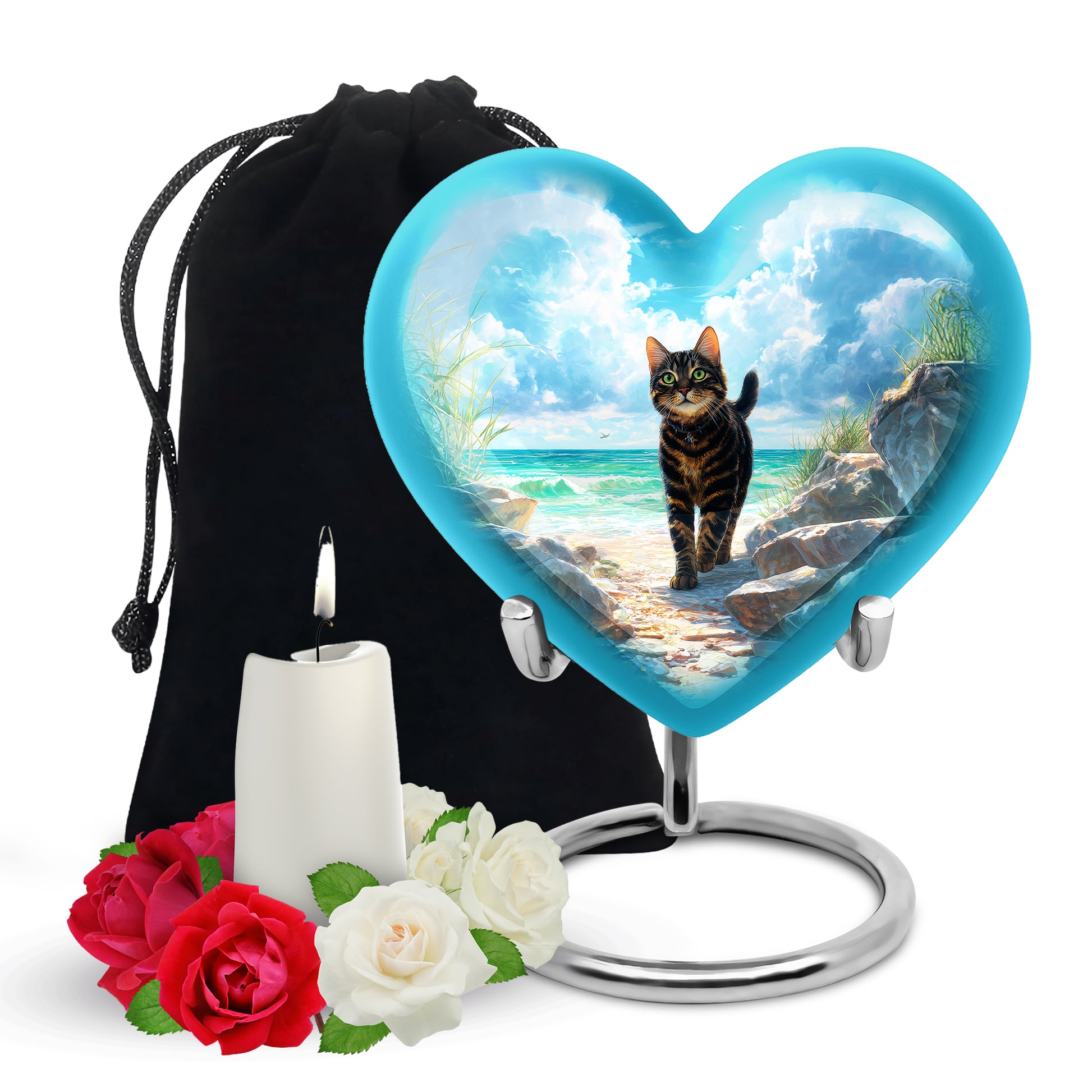 Soft Teal Cat Cremation Urn detail view - loving heart memorial featuring cat pattern - full-size 10 inch 200 cubic inch adult cremation urn
