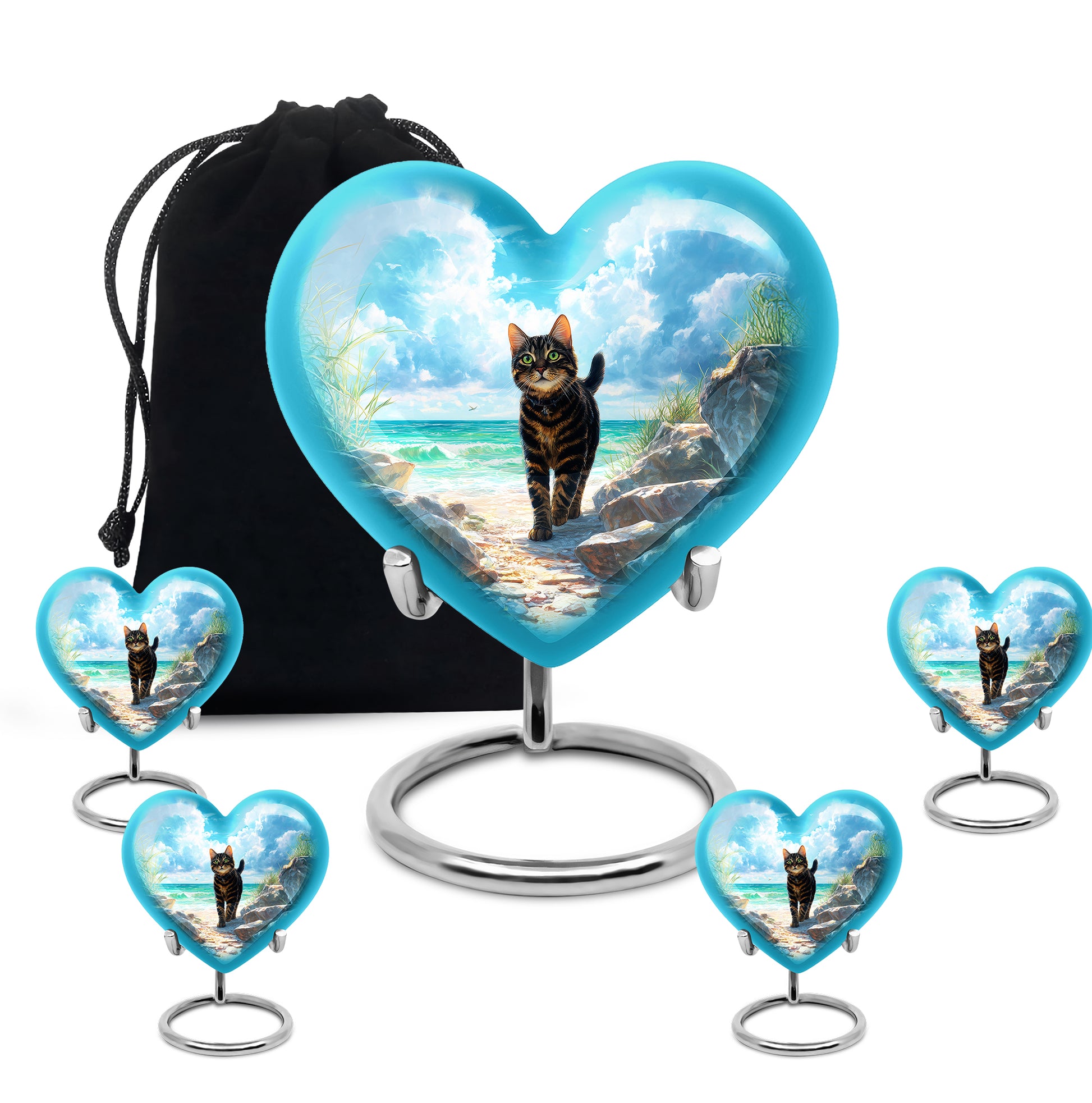 Sea Green Teal Cat Cremation Urn close-up of engraving and surface detail - loving heart memorial featuring cat pattern - memorial set with one large and four small urns