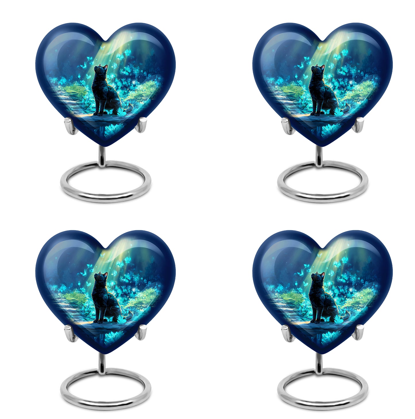 Royal Blue Cat Cremation Urn angled view of lid and engraved motif - compassionate heart-cat combination with gentle curves - 10 inch aluminum urn for cremated remains