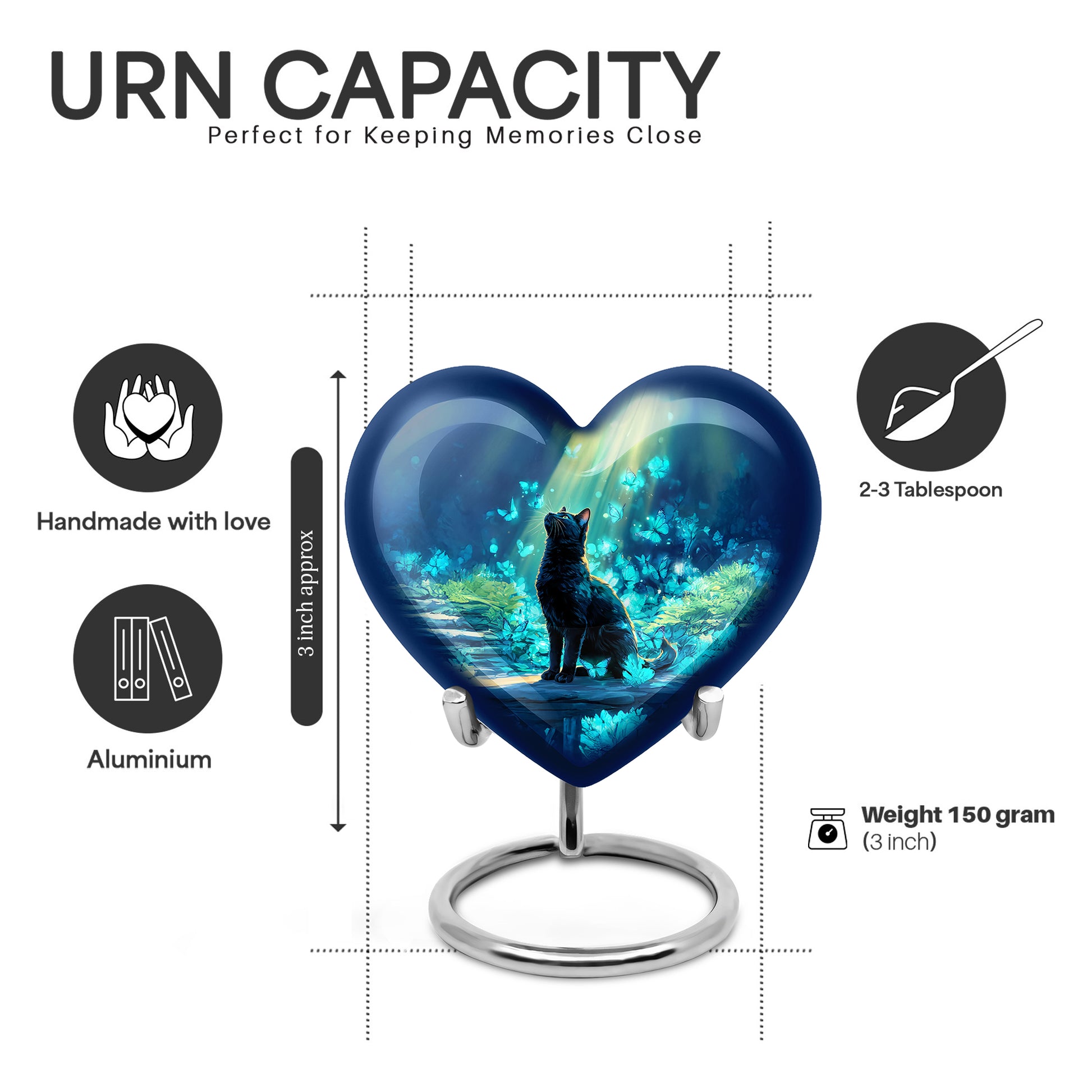 Slate Blue Cat Cremation Urn front view showing detailed design - loving heart memorial featuring cat pattern - mini keepsake memorial for portion of cremation ashes