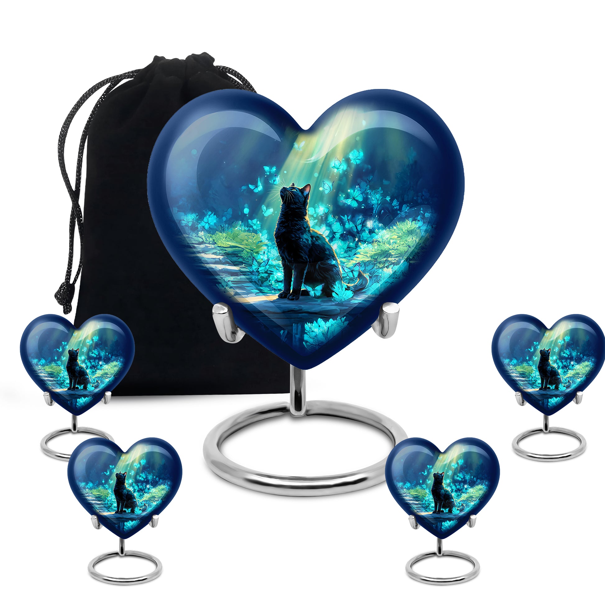Dusty Blue Cat Cremation Urn close-up of engraving and surface detail - loving heart memorial featuring cat pattern - memorial set with one large and four small urns