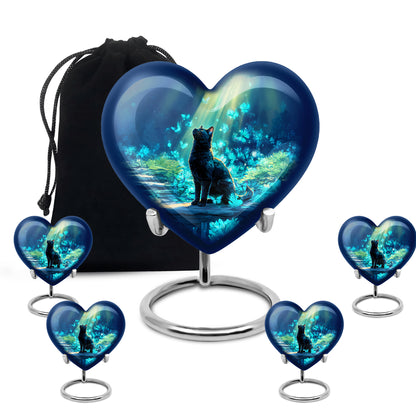 Dusty Blue Cat Cremation Urn close-up of engraving and surface detail - loving heart memorial featuring cat pattern - memorial set with one large and four small urns