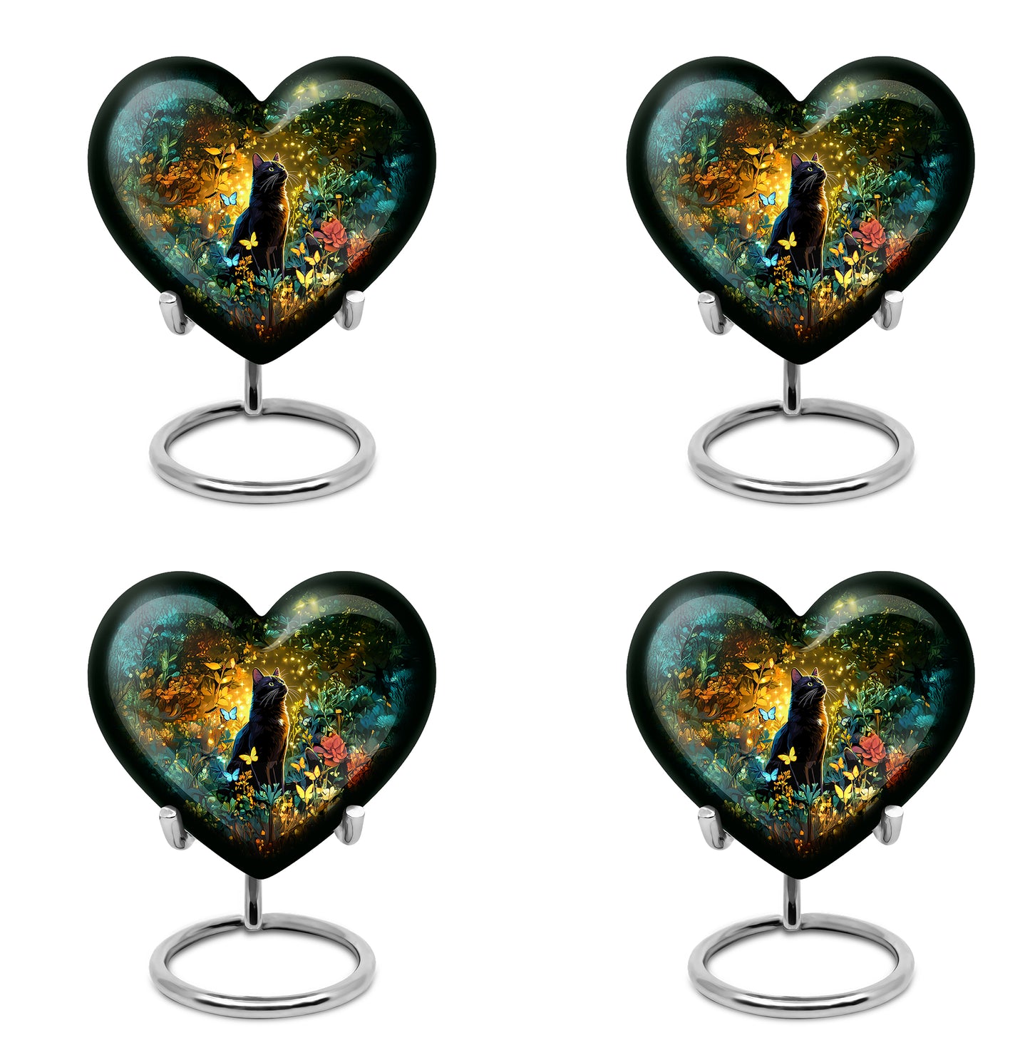 Royal Gold Cat Cremation Urn angled view of lid and engraved motif - romantic heart urn with cat motif on aluminum - 10 inch aluminum urn for cremated remains