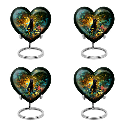Royal Gold Cat Cremation Urn angled view of lid and engraved motif - romantic heart urn with cat motif on aluminum - 10 inch aluminum urn for cremated remains
