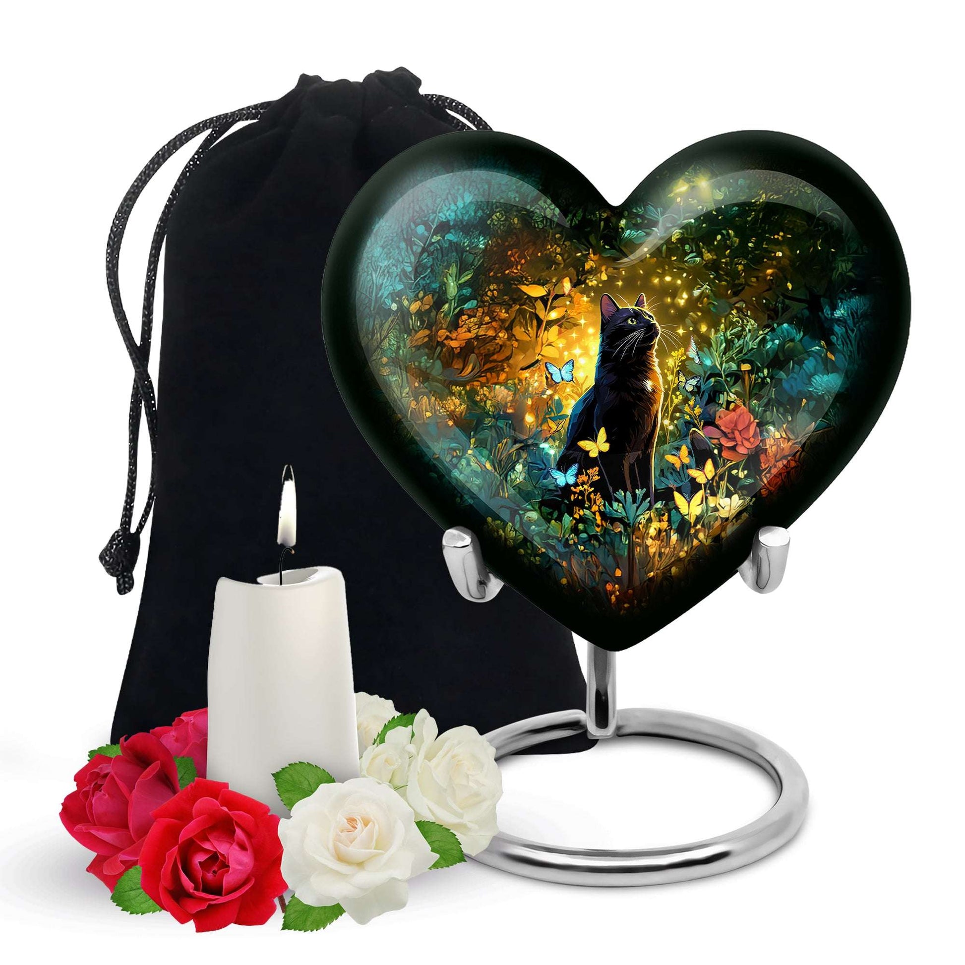 Black Cat Cremation Urn for Human Ashes - Colorful Butterflies Memorial Urn
