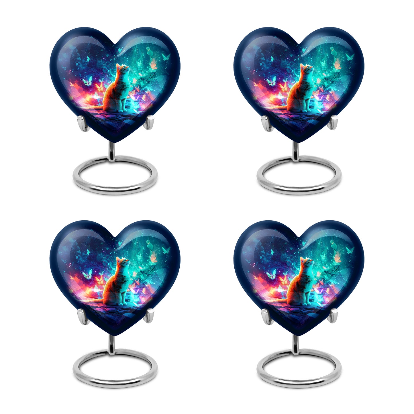 Vivid Blue Cat Cremation Urn angled view of lid and engraved motif - romantic heart urn with cat motif on aluminum - 10 inch aluminum urn for cremated remains