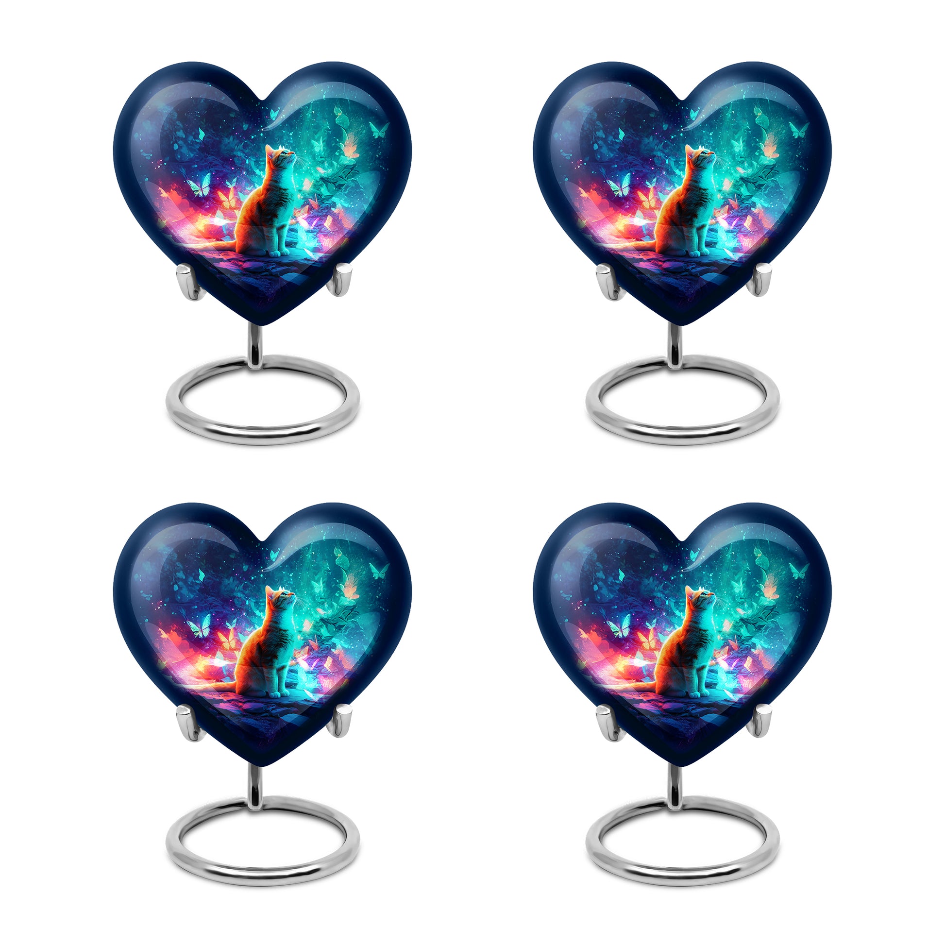 Vivid Blue Cat Cremation Urn angled view of lid and engraved motif - romantic heart urn with cat motif on aluminum - 10 inch aluminum urn for cremated remains