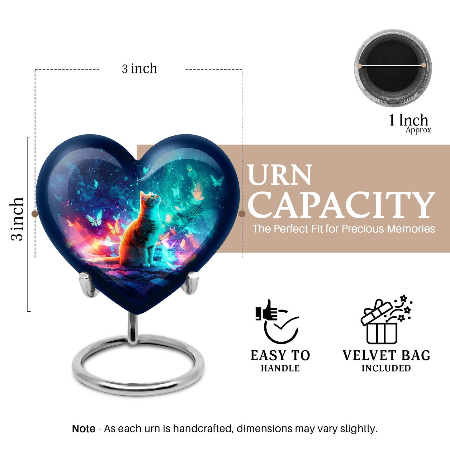 Soft Blue Cat Cremation Urn front view showing detailed design - romantic heart urn with cat motif on aluminum - mini keepsake memorial for portion of cremation ashes