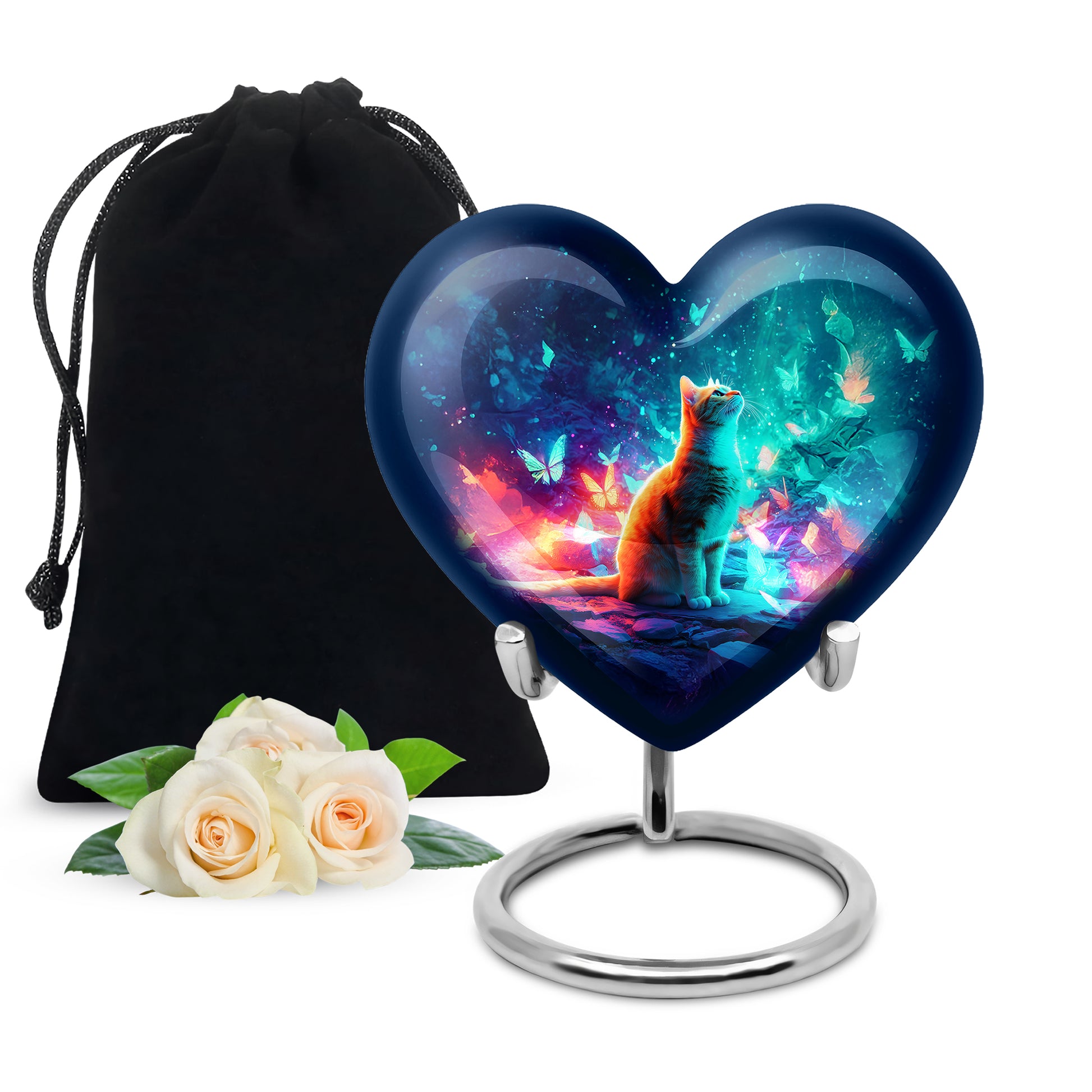 Sky Blue Cat Cremation Urn detail view - loving heart memorial featuring cat pattern - full-size 10 inch 200 cubic inch adult cremation urn