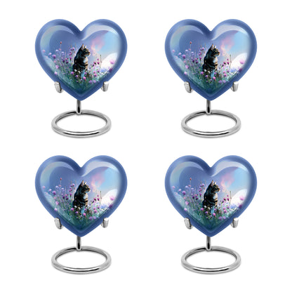 Indigo Cat Cremation Urn angled view of lid and engraved motif - loving heart memorial featuring cat pattern - 10 inch aluminum urn for cremated remains