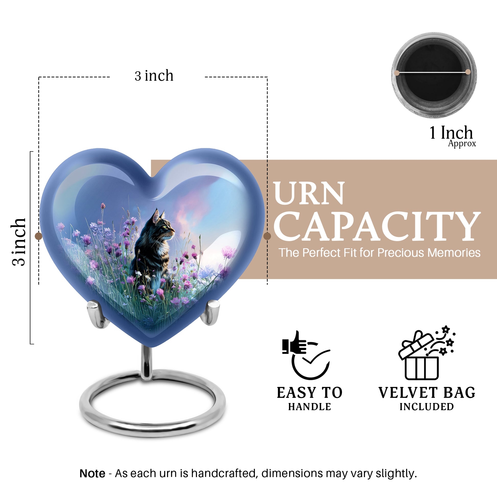 Indigo Cat Cremation Urn front view showing detailed design - loving heart memorial featuring cat pattern - mini keepsake memorial for portion of cremation ashes