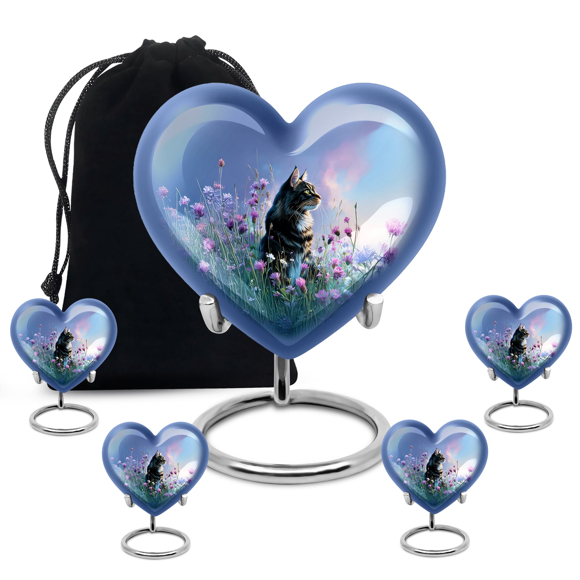 Azure Cat Cremation Urn close-up of engraving and surface detail - heart-shaped cat design symbolizing eternal love - memorial set with one large and four small urns