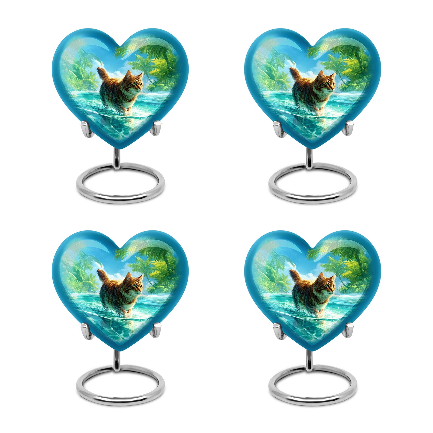 Sky Blue Cat Cremation Urn angled view of lid and engraved motif - loving heart memorial featuring cat pattern - 10 inch aluminum urn for cremated remains