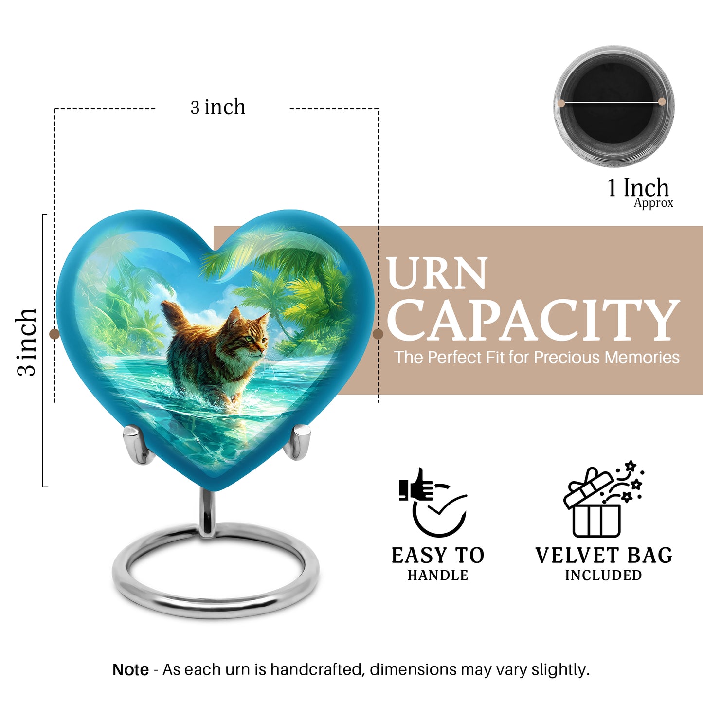 Steel Blue Cat Cremation Urn front view showing detailed design - romantic heart urn with cat motif on aluminum - mini keepsake memorial for portion of cremation ashes