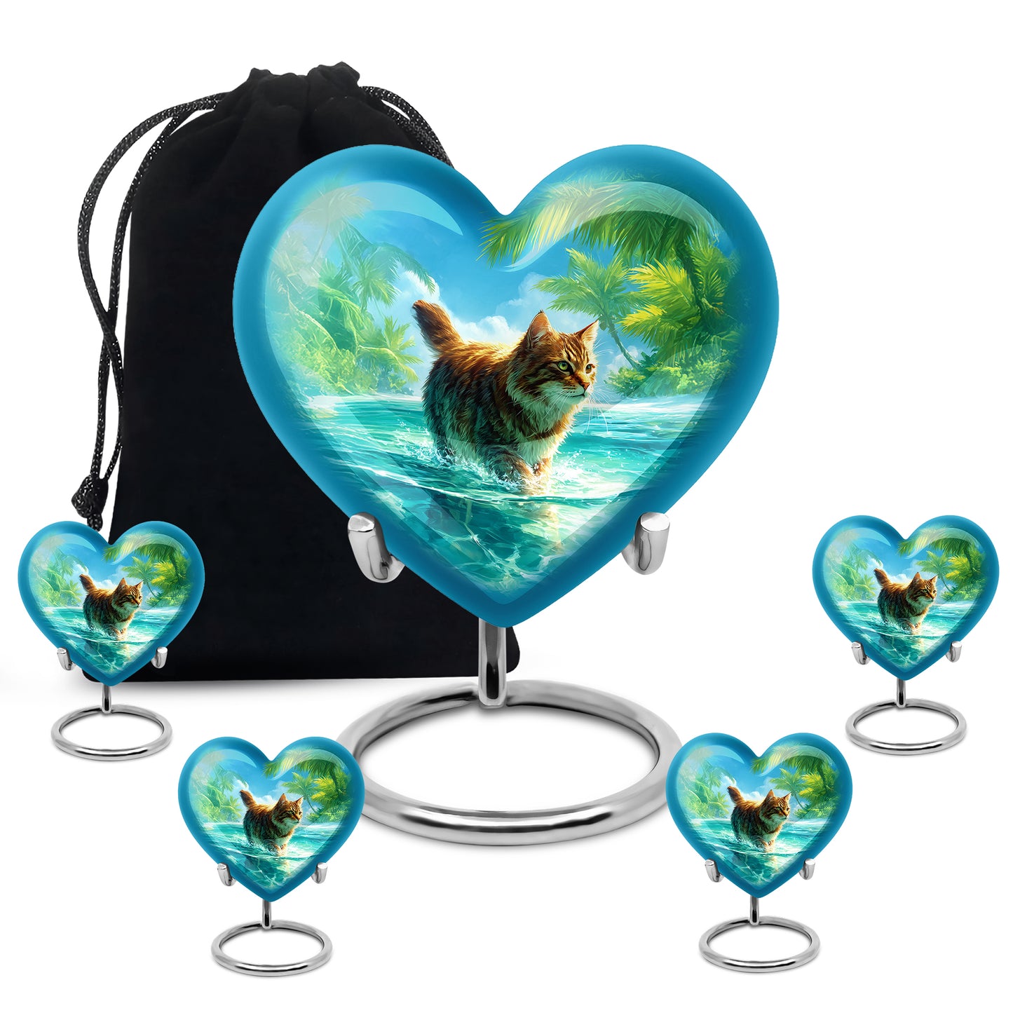 Cobalt Blue Cat Cremation Urn close-up of engraving and surface detail - romantic heart urn with cat motif on aluminum - memorial set with one large and four small urns