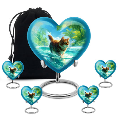 Cobalt Blue Cat Cremation Urn close-up of engraving and surface detail - romantic heart urn with cat motif on aluminum - memorial set with one large and four small urns