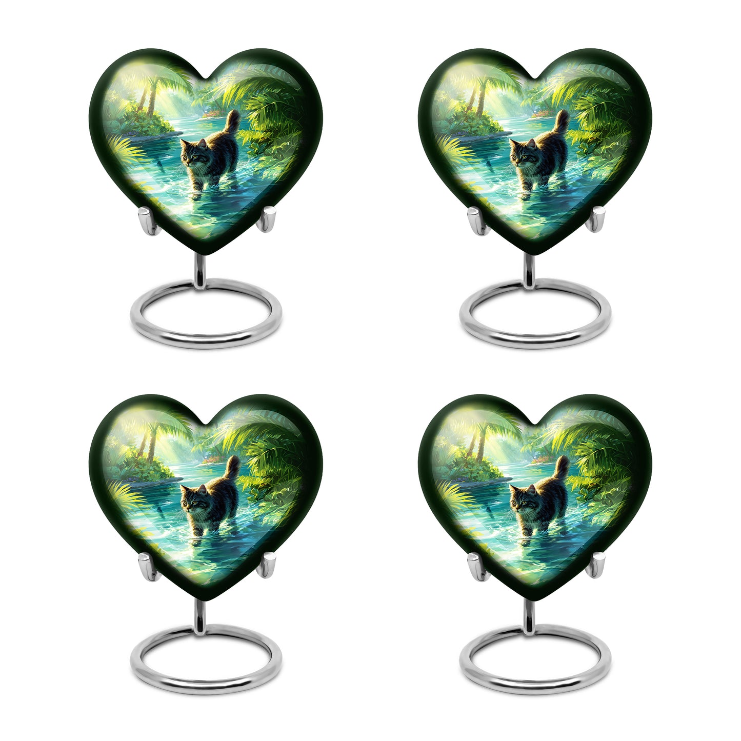 Verdant Green Cat Cremation Urn angled view of lid and engraved motif - heart-shaped cat design symbolizing eternal love - 10 inch aluminum urn for cremated remains