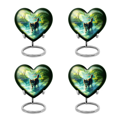 Verdant Green Cat Cremation Urn angled view of lid and engraved motif - heart-shaped cat design symbolizing eternal love - 10 inch aluminum urn for cremated remains