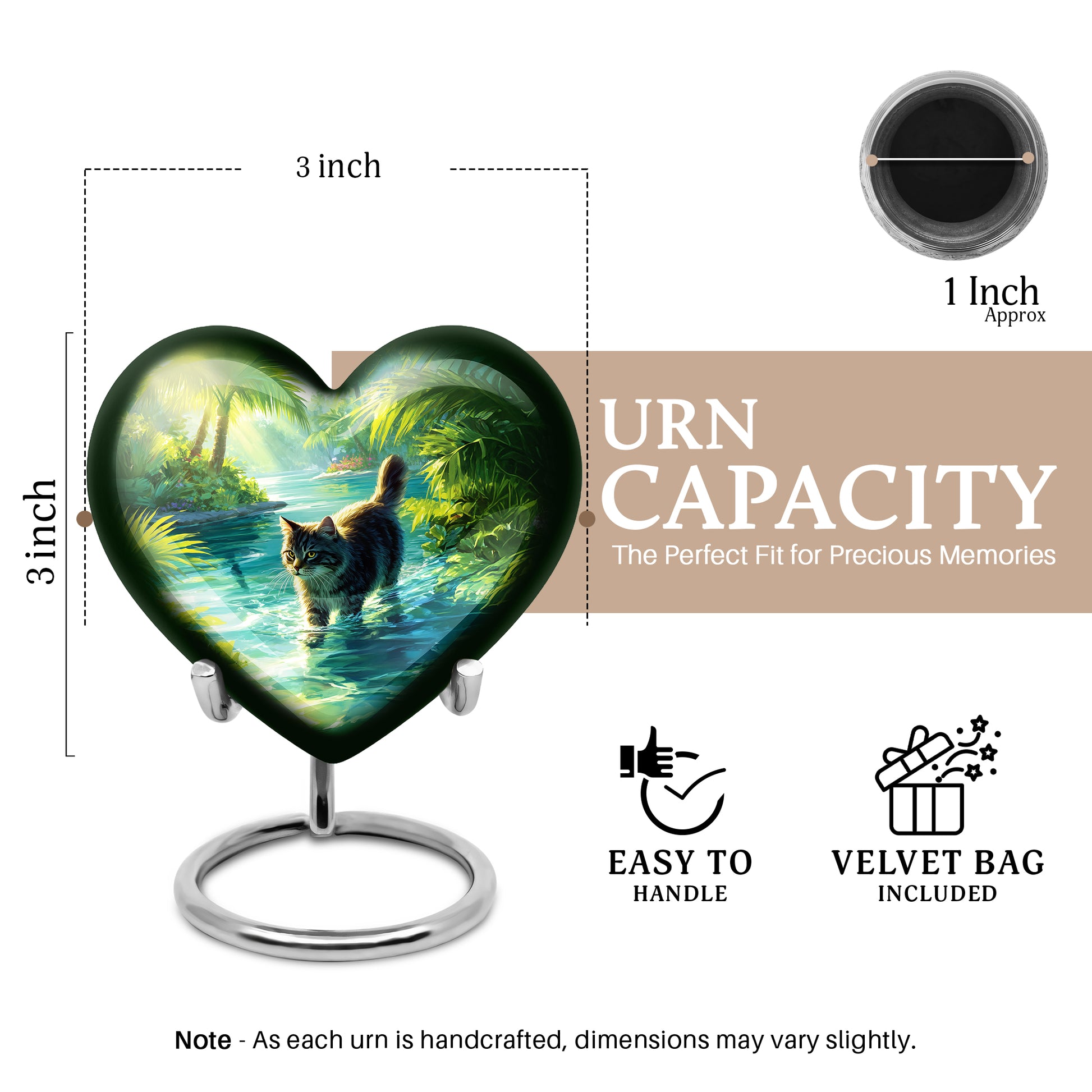 Jade Green Cat Cremation Urn front view showing detailed design - heart-shaped cat design symbolizing eternal love - mini keepsake memorial for portion of cremation ashes