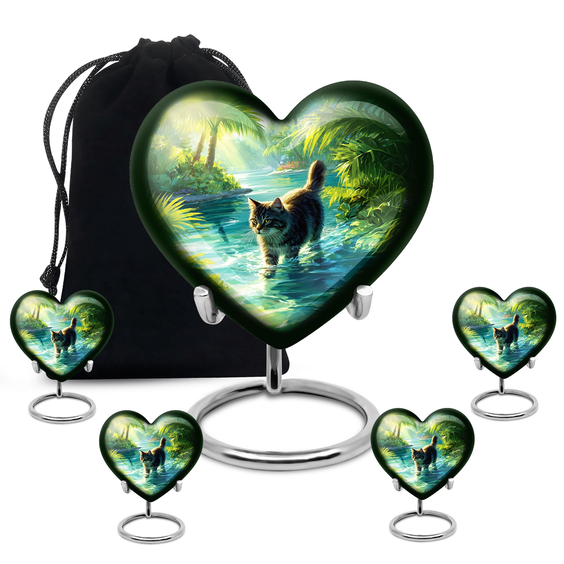 Verdant Green Cat Cremation Urn close-up of engraving and surface detail - heart-shaped cat design symbolizing eternal love - memorial set with one large and four small urns