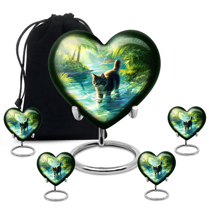 Verdant Green Cat Cremation Urn close-up of engraving and surface detail - heart-shaped cat design symbolizing eternal love - memorial set with one large and four small urns