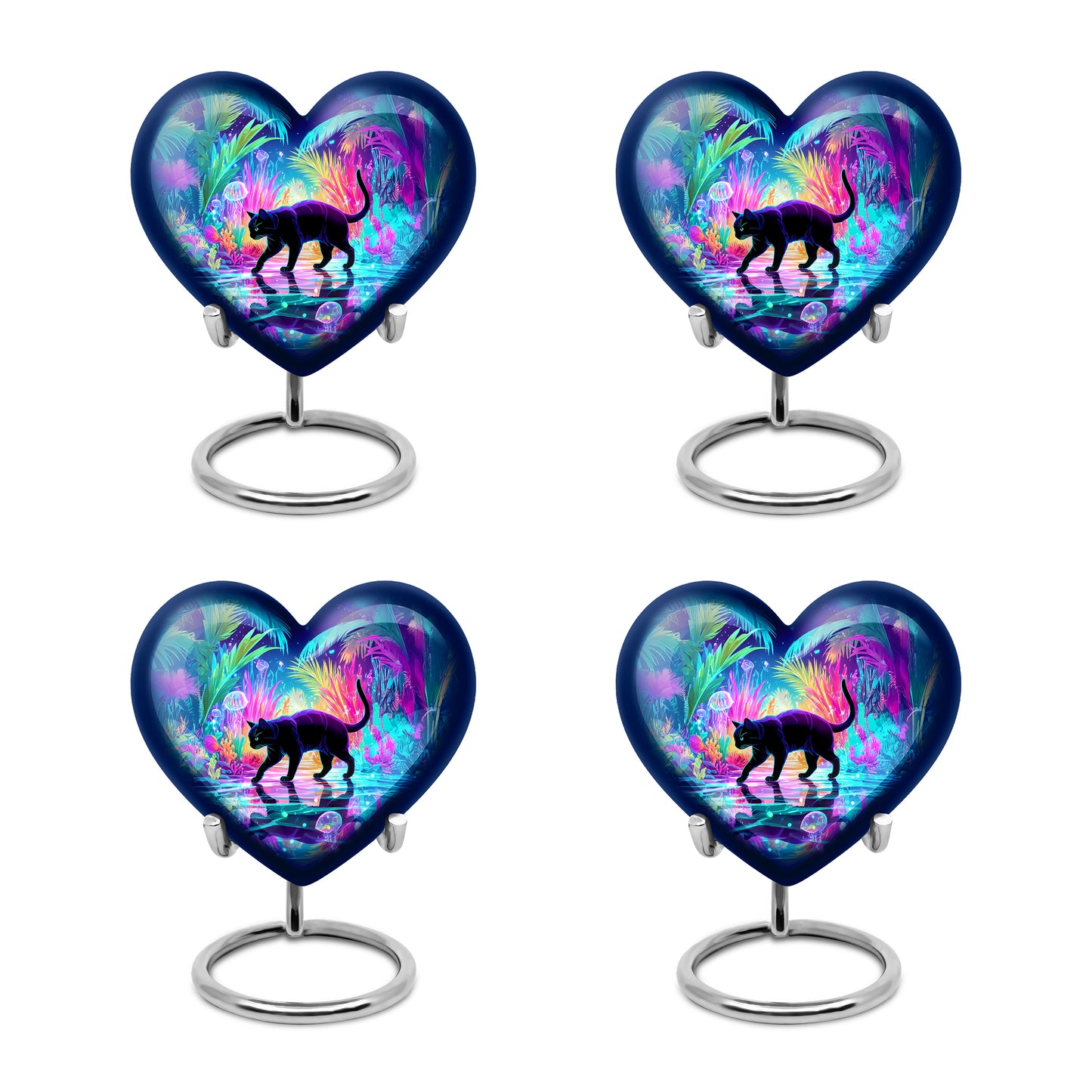 Sapphire Blue Cat Cremation Urn angled view of lid and engraved motif - romantic heart urn with cat motif on aluminum - 10 inch aluminum urn for cremated remains