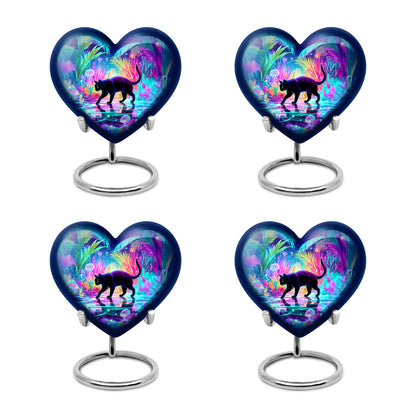 Sapphire Blue Cat Cremation Urn angled view of lid and engraved motif - romantic heart urn with cat motif on aluminum - 10 inch aluminum urn for cremated remains