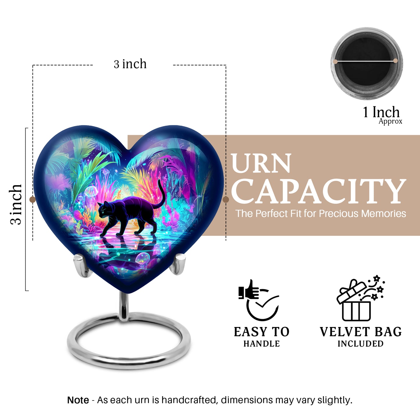 Dusty Blue Cat Cremation Urn front view showing detailed design - loving heart memorial featuring cat pattern - mini keepsake memorial for portion of cremation ashes