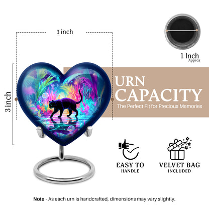 Dusty Blue Cat Cremation Urn front view showing detailed design - loving heart memorial featuring cat pattern - mini keepsake memorial for portion of cremation ashes
