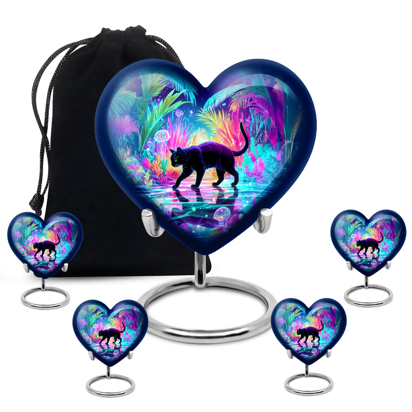 Navy Blue Cat Cremation Urn close-up of engraving and surface detail - heart-shaped cat design symbolizing eternal love - memorial set with one large and four small urns