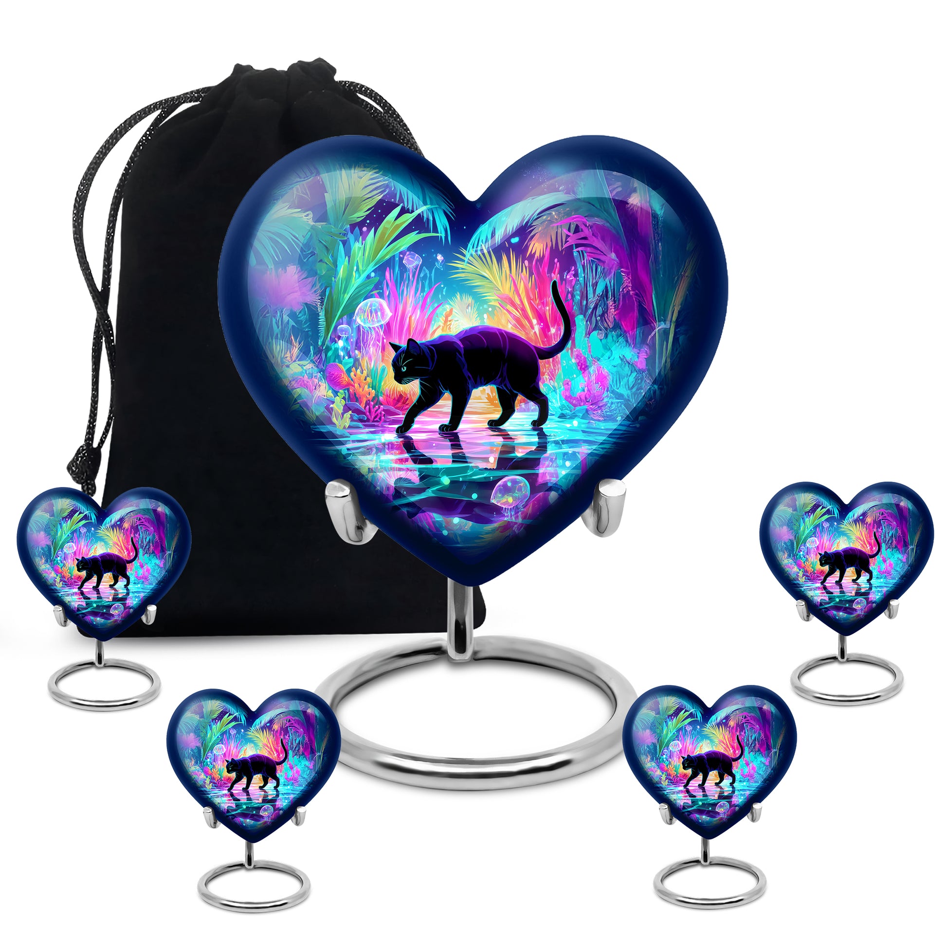 Navy Blue Cat Cremation Urn close-up of engraving and surface detail - heart-shaped cat design symbolizing eternal love - memorial set with one large and four small urns