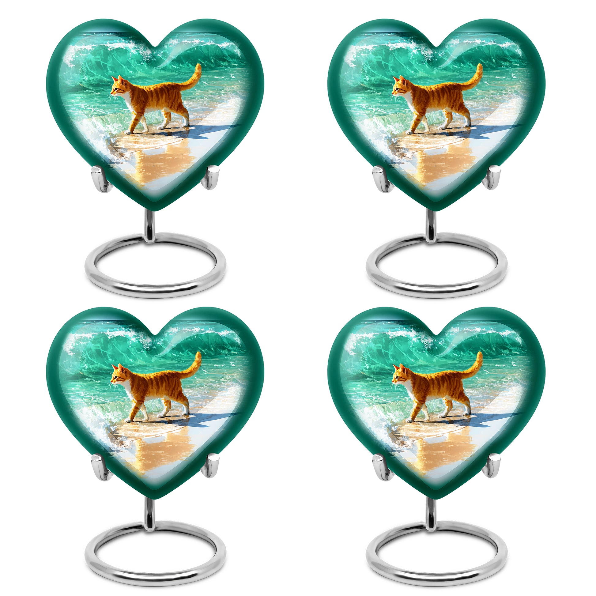Soft Blue Cat Cremation Urn angled view of lid and engraved motif - romantic heart urn with cat motif on aluminum - 10 inch aluminum urn for cremated remains