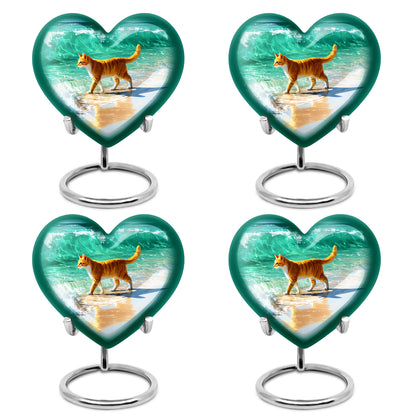 Soft Blue Cat Cremation Urn angled view of lid and engraved motif - romantic heart urn with cat motif on aluminum - 10 inch aluminum urn for cremated remains