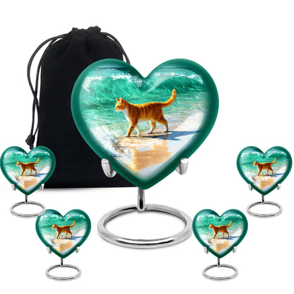 Indigo Cat Cremation Urn close-up of engraving and surface detail - heart-shaped cat design symbolizing eternal love - memorial set with one large and four small urns