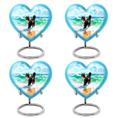 Celestial Blue Cat Cremation Urn angled view of lid and engraved motif - heart-shaped cat design symbolizing eternal love - 10 inch aluminum urn for cremated remains