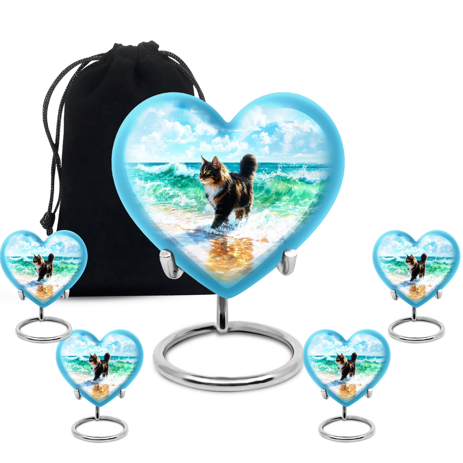 Sky Blue Cat Cremation Urn close-up of engraving and surface detail - loving heart memorial featuring cat pattern - memorial set with one large and four small urns