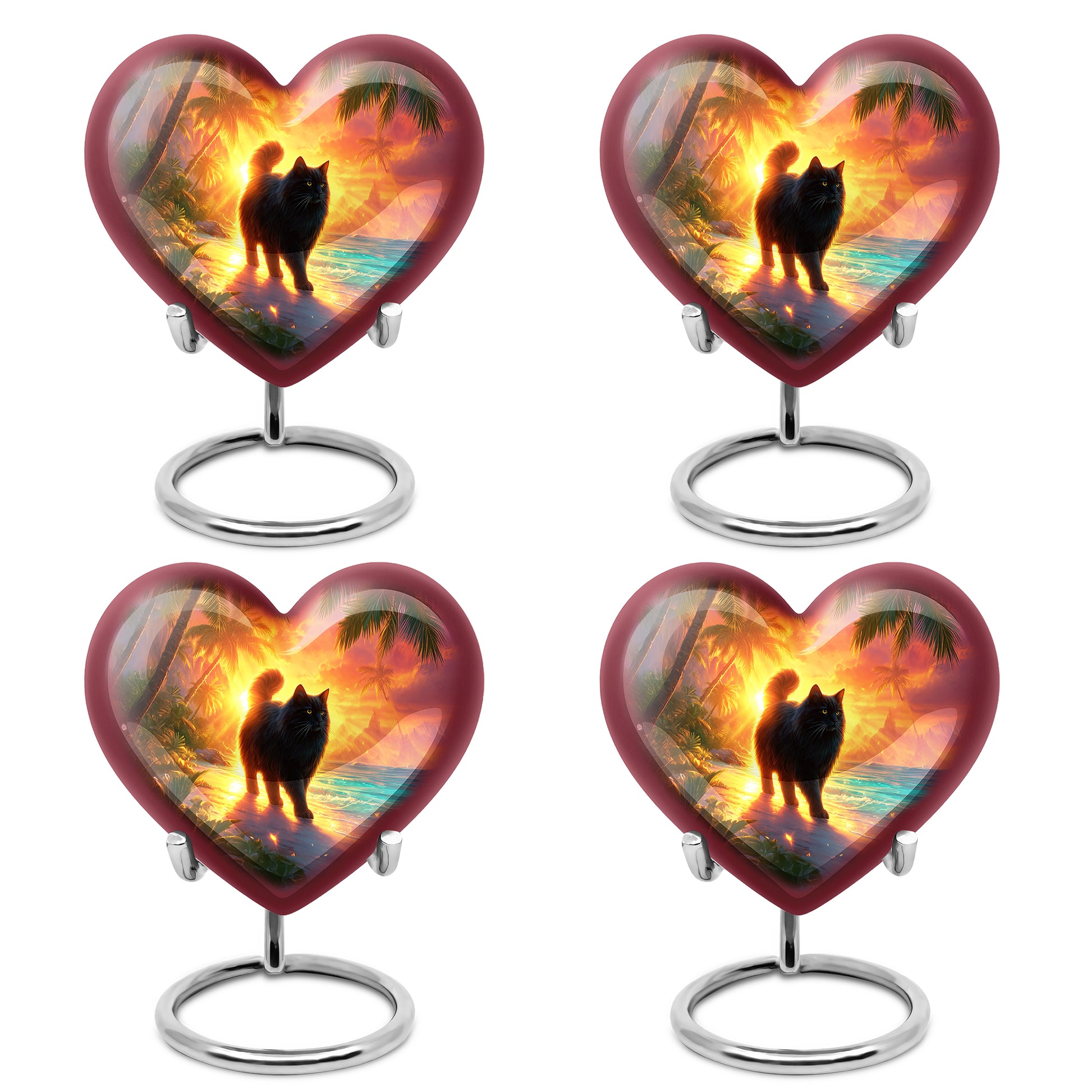 Rich Red Cat Cremation Urn angled view of lid and engraved motif - romantic heart urn with cat motif on aluminum - 10 inch aluminum urn for cremated remains