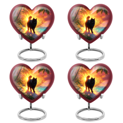 Rich Red Cat Cremation Urn angled view of lid and engraved motif - romantic heart urn with cat motif on aluminum - 10 inch aluminum urn for cremated remains