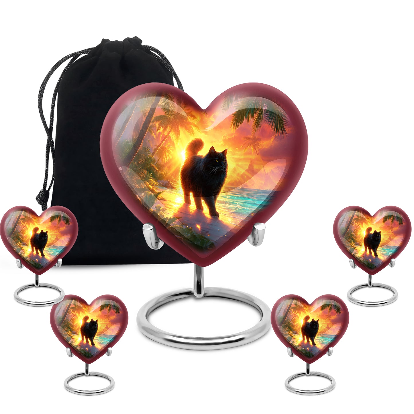 Deep Red Cat Cremation Urn close-up of engraving and surface detail - loving heart memorial featuring cat pattern - memorial set with one large and four small urns