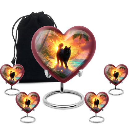 Deep Red Cat Cremation Urn close-up of engraving and surface detail - loving heart memorial featuring cat pattern - memorial set with one large and four small urns